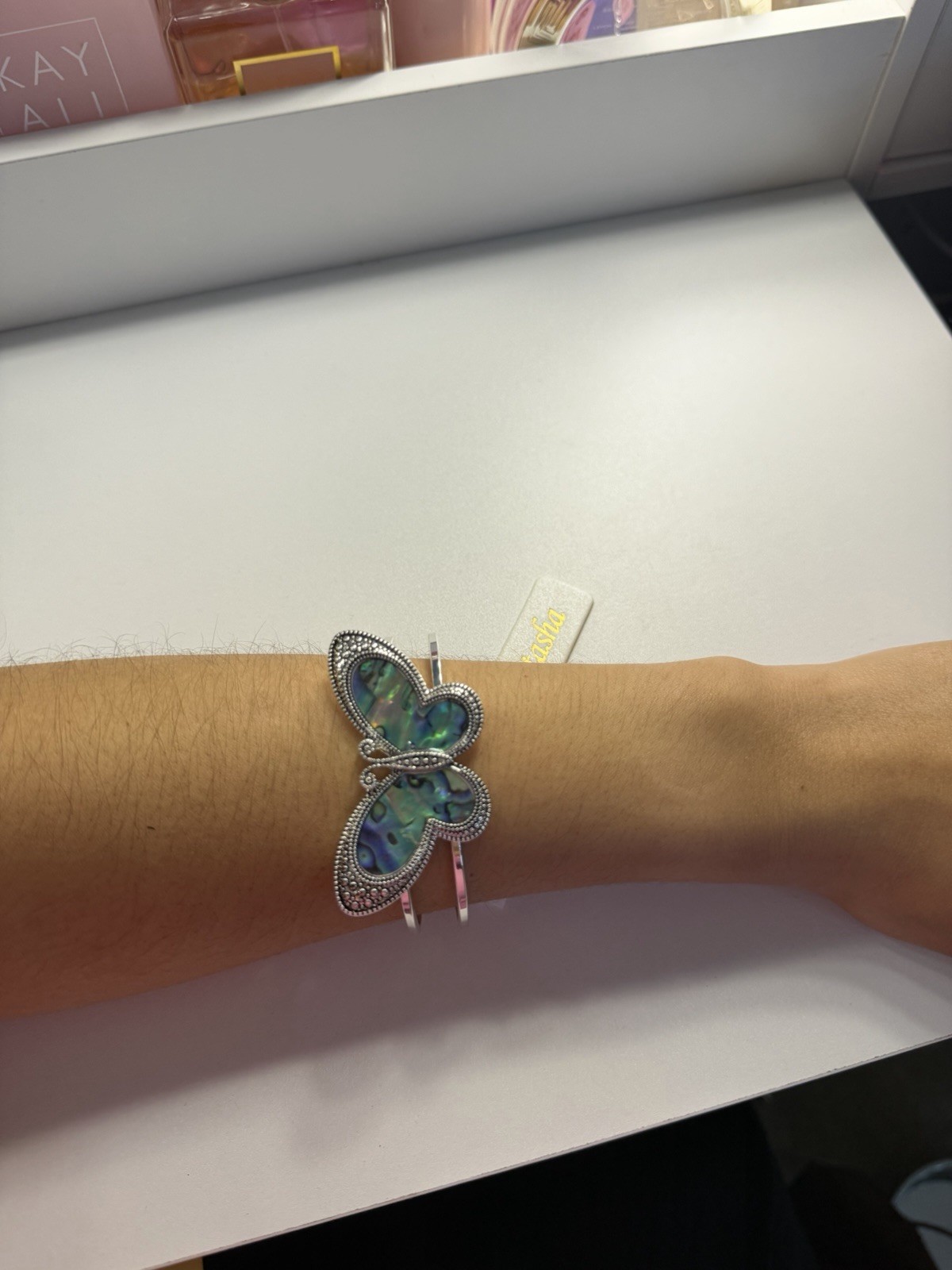 Silver Tone Butterfly Cuff Bracelet Green Blue Inlay Nickel-Free Metal