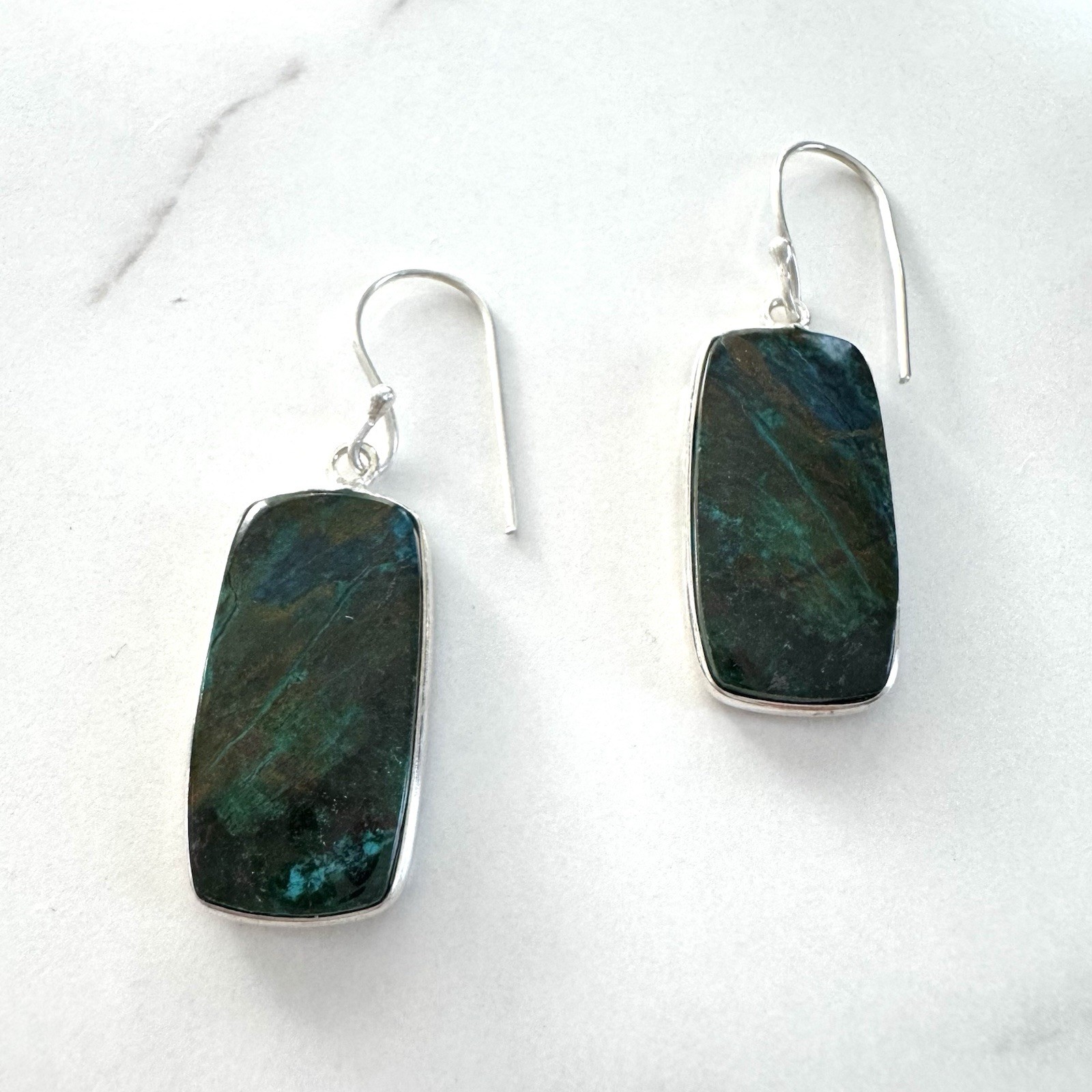 Sterling Silver Azurite Dangle Earrings Natural Blue Green Gemstone Drop
