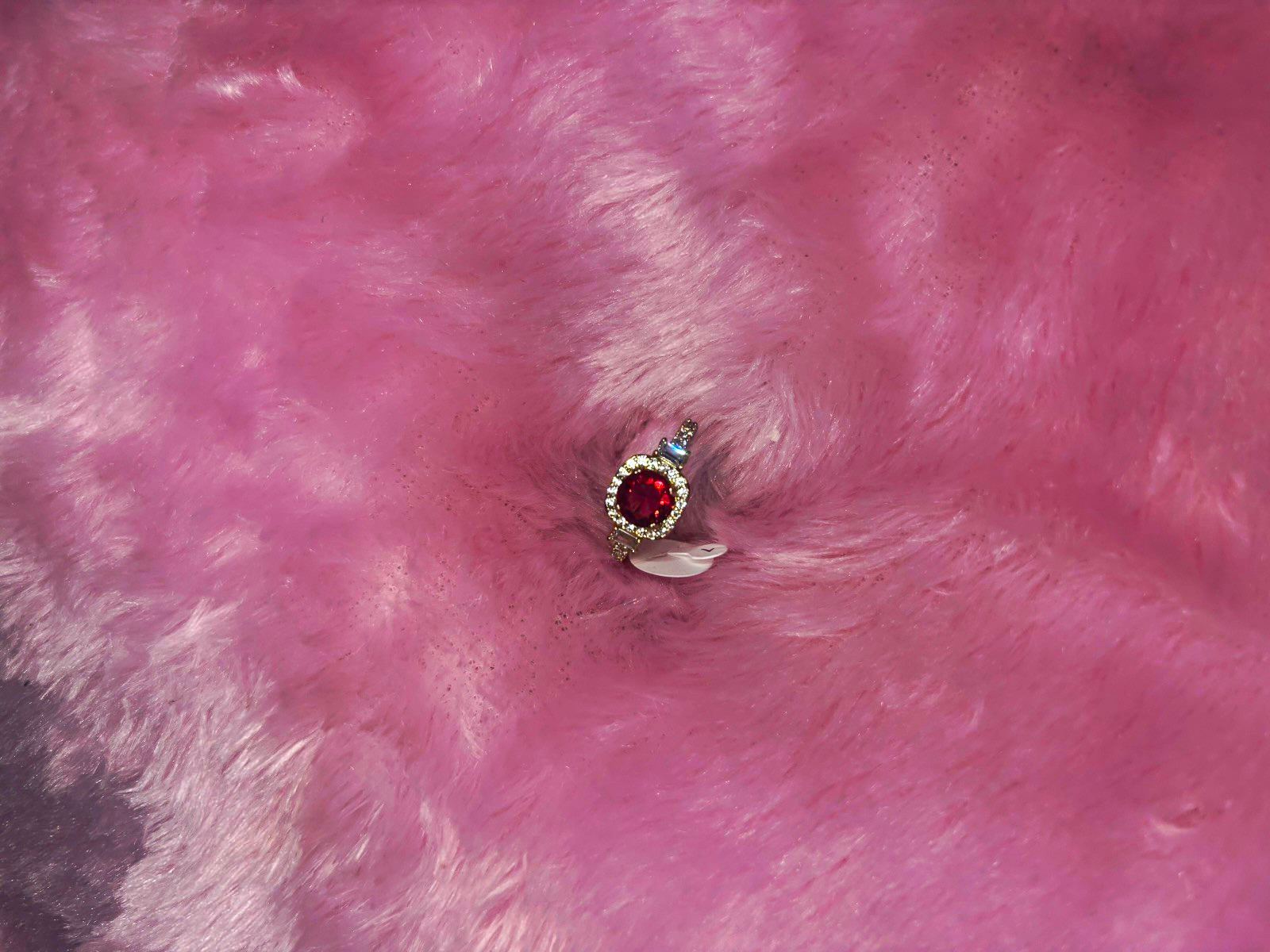 Gold Tone Halo Cocktail Ring Round Red Crystal Prong Set, Size 7