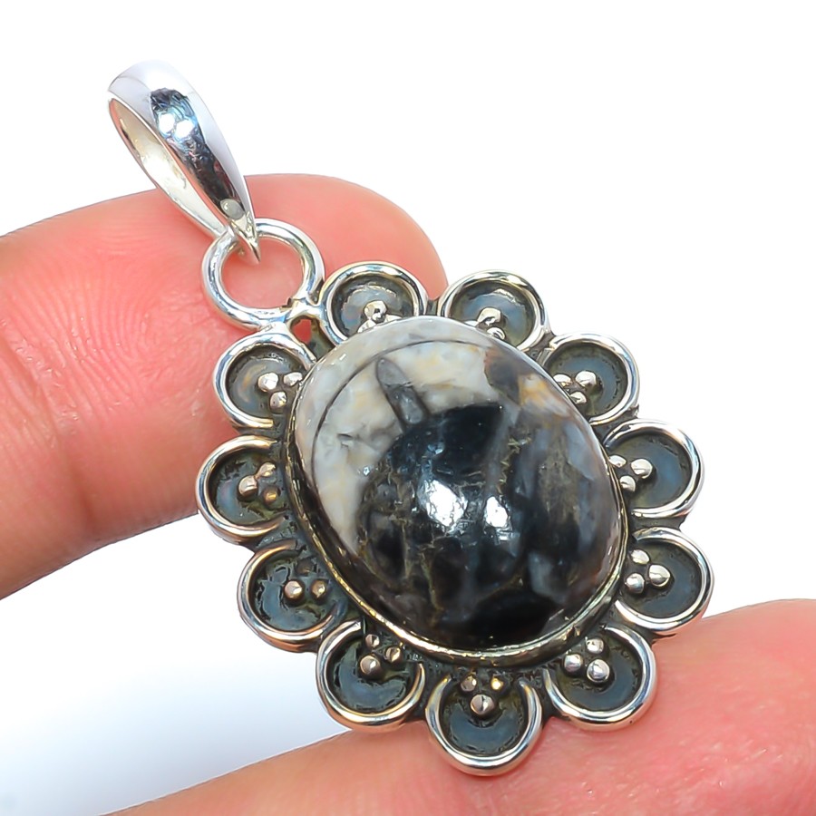 Fossil Orthoceras – Morocco 925 Silver Plated Pendant 1.56″ W3114