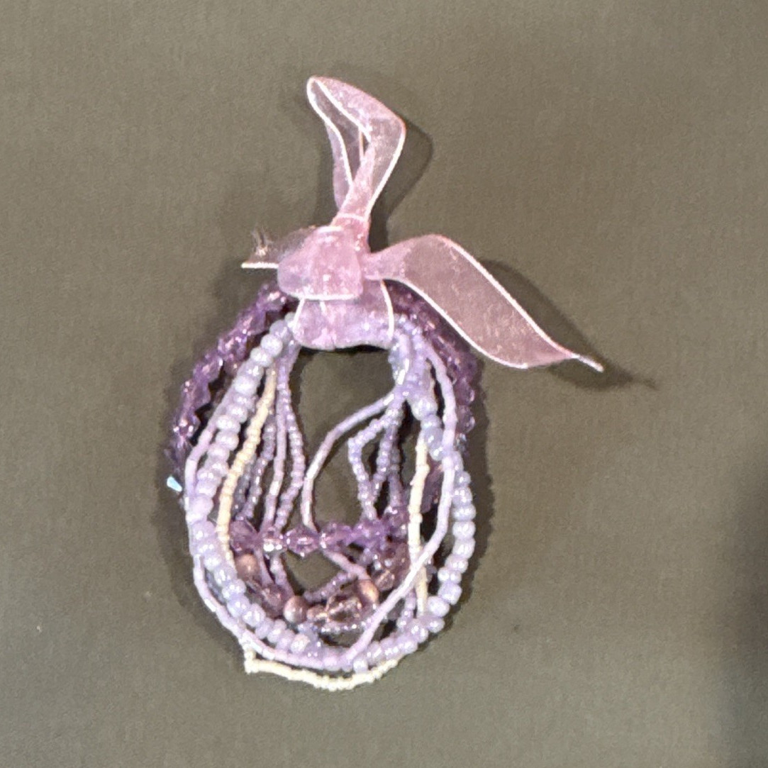 Purple White Beaded Necklace Oval Charm Pendant Fabric Bow Ball/Bead Chain