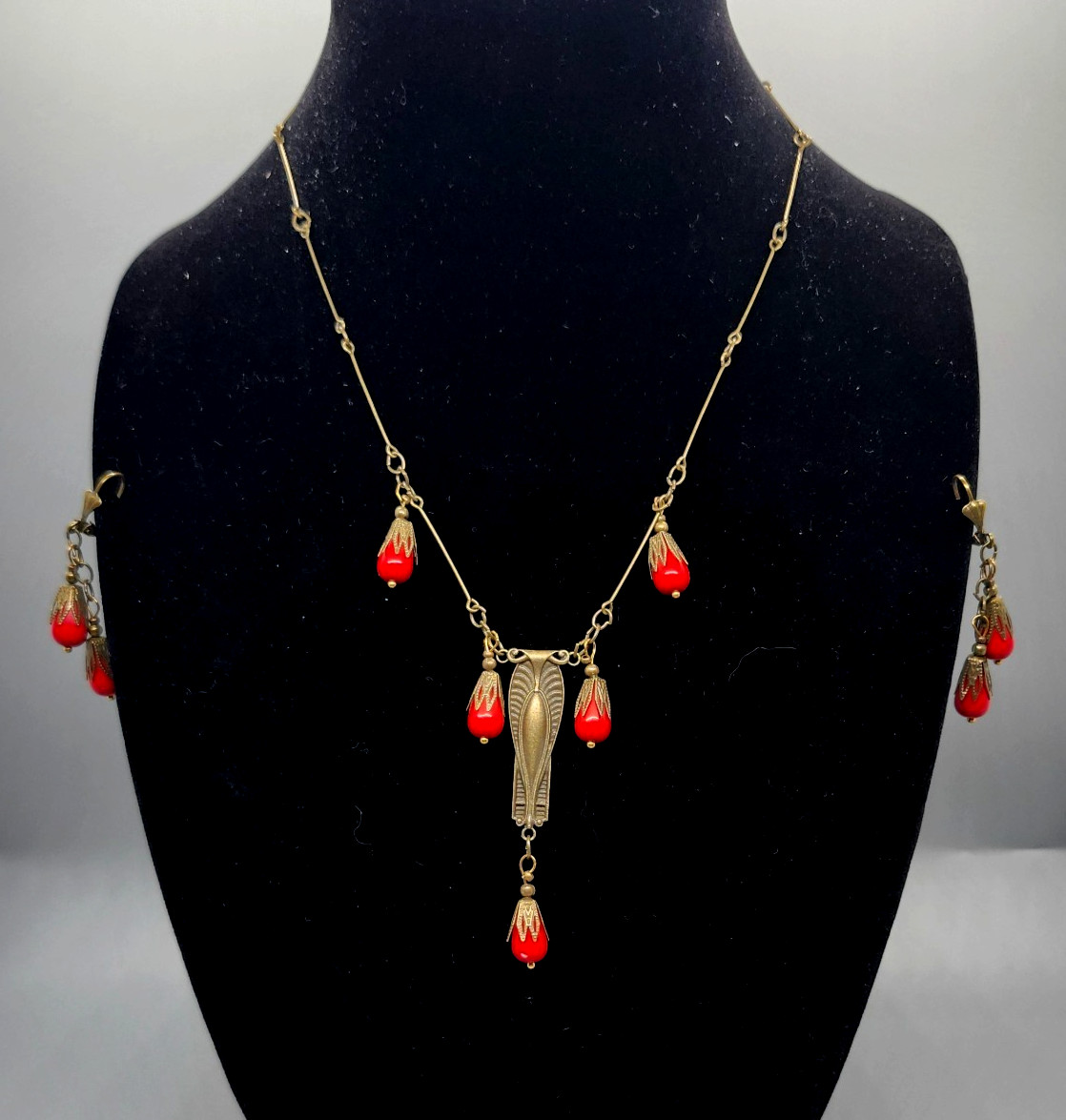 Art Nouveau Style Antiqued Brass Red Czech Glass Drop Necklace and Earring Set