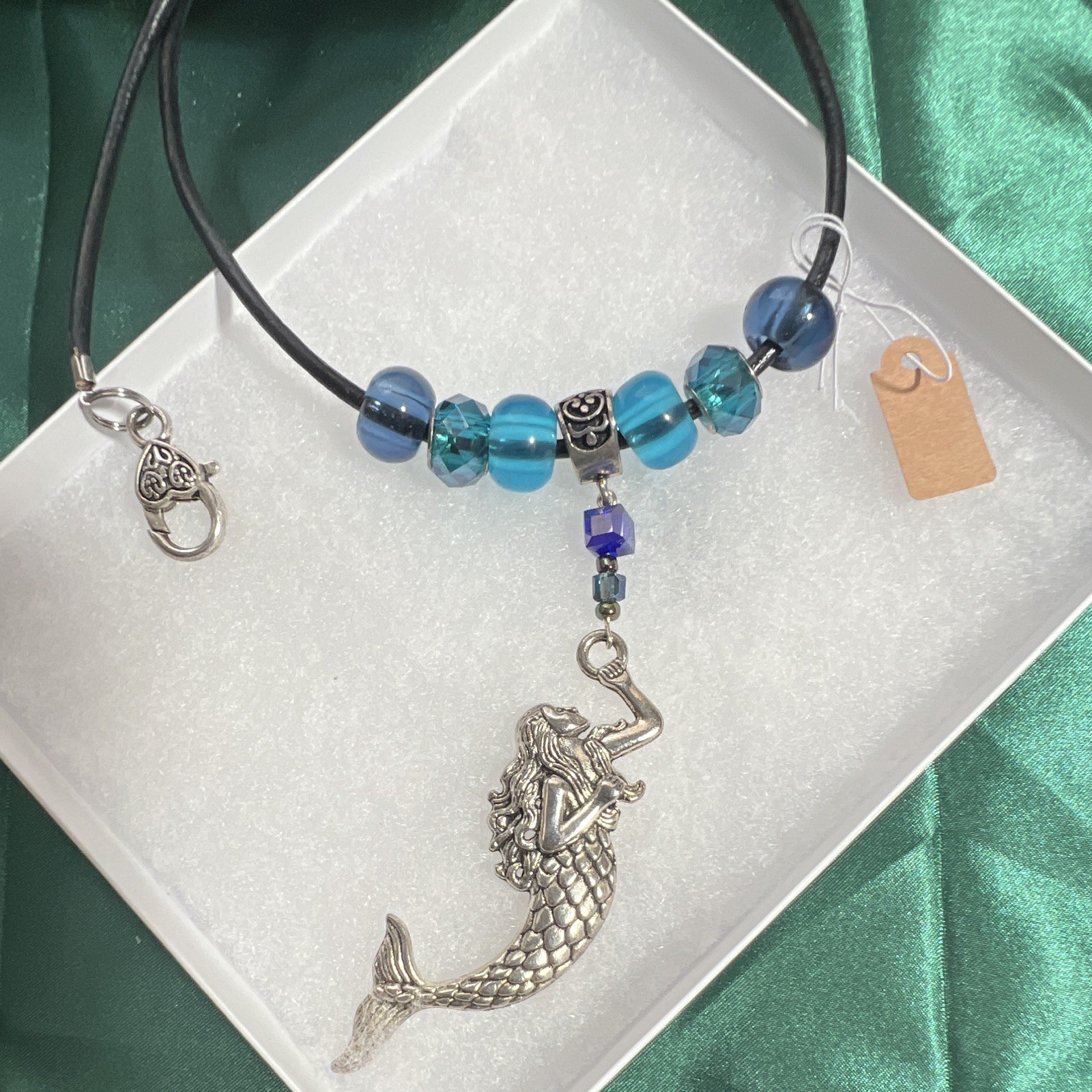 Necklace, leather glass, blue sterling mermaid, ocean lobster claw.