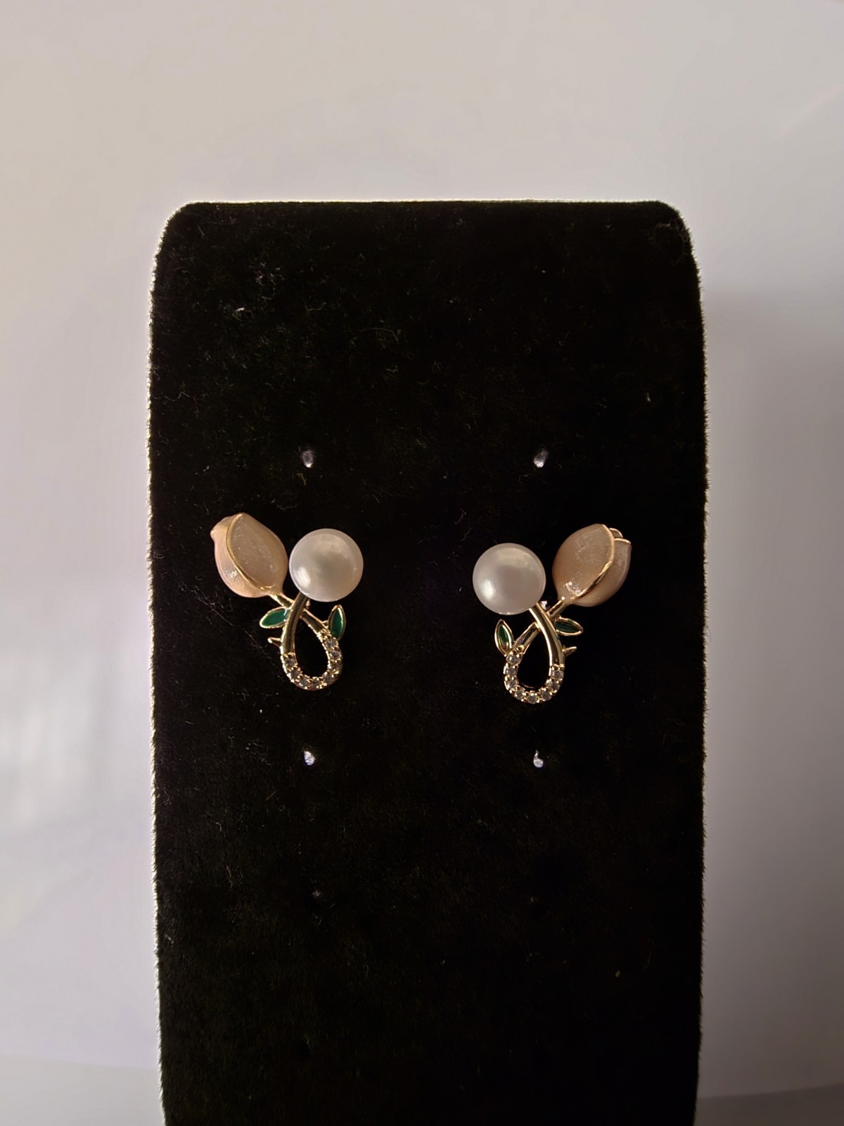 Gold Flower Stud Earrings Freshwater Pearl Pink White Green Enamel Butterfly