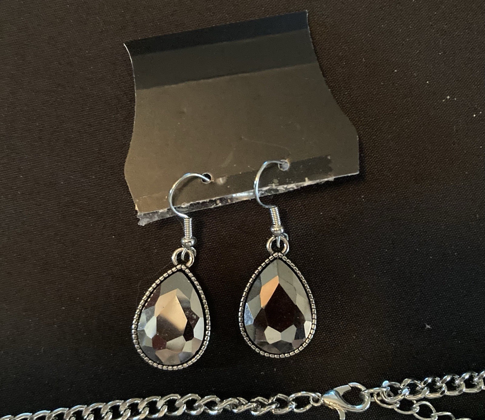 Silver Tone Teardrop Black Crystal Dangle Necklace & Earrings Jewelry Set