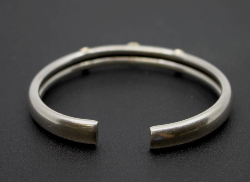 Sterling Silver & 14K Gold Open Cuff Bracelet CZ Bezel Set Two Tone 6.5″inch
