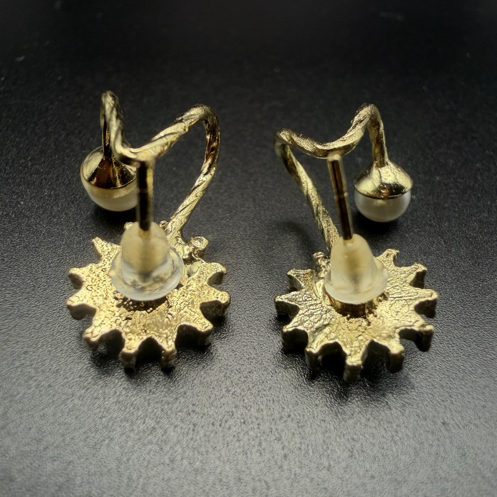 Gold Tone Rhinestone Sunburst & Pearl Twist Lobe Hugger Stud Cuff Earrings New