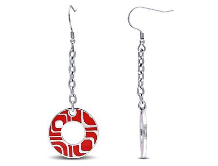 Amour Stainless Steel Red Epoxy Circle Chain Earrings