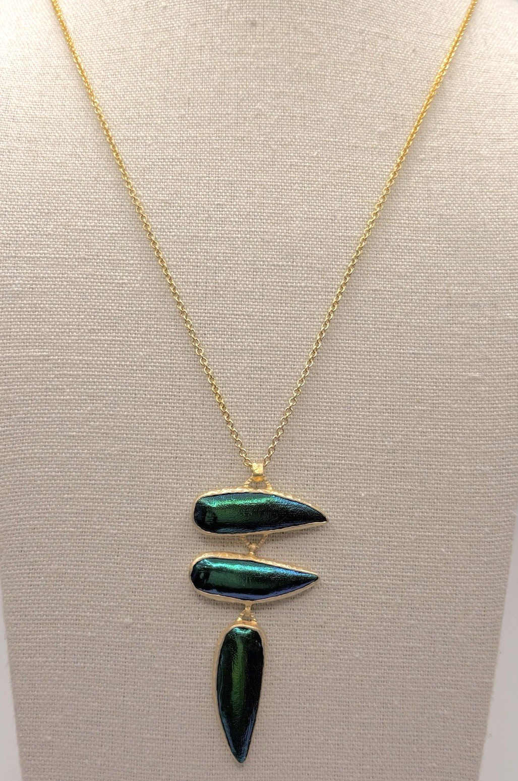Green Jewel Beetle Wing 3 Tier Pendant Necklace Gold Vermeil Sterling Iridescent