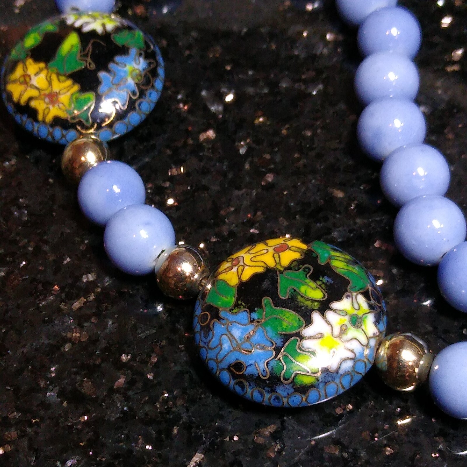CERAMIC Bead Chinese CLOISONNE Lily Flower Ivy 20″ Necklace Periwinkle Tone EUC!