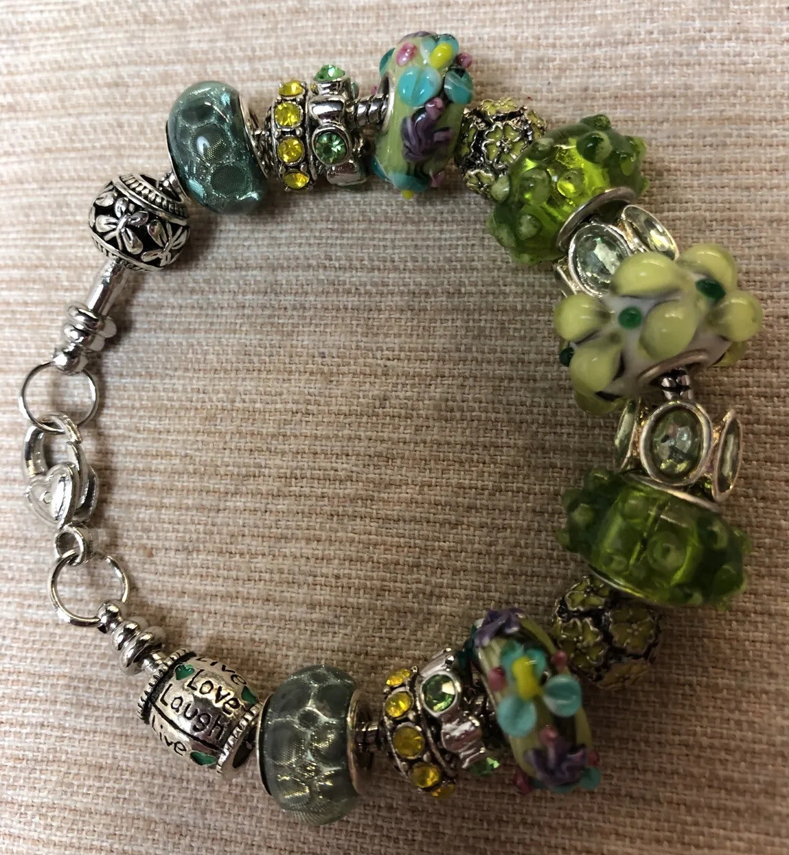 European Charm Bracelet Yellow Green Lavender Flowers Lobster Clasp
