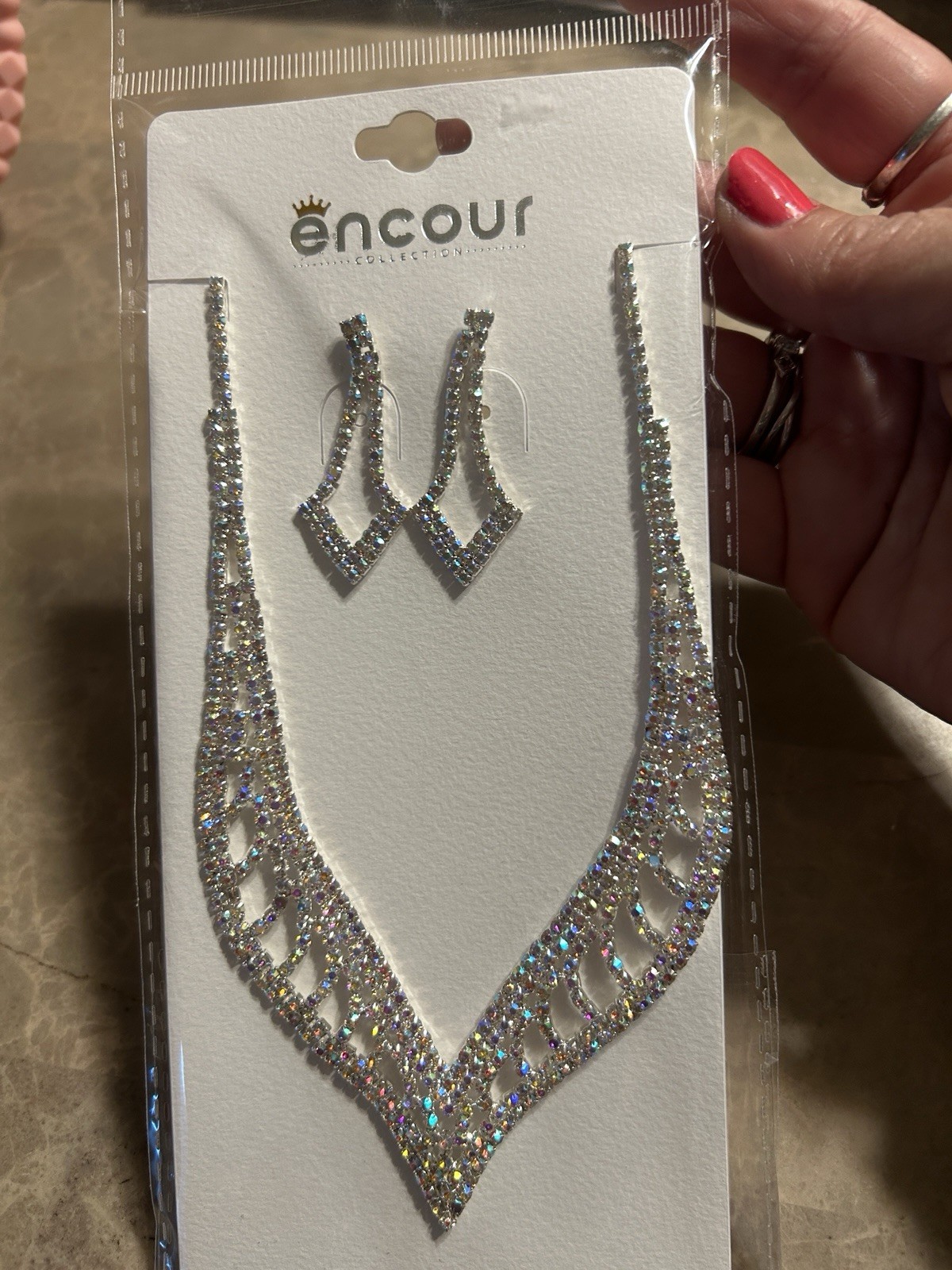 Encour Silver-Tone Clear Crystal Rhinestone Necklace & Earrings Set SR-0704-1X