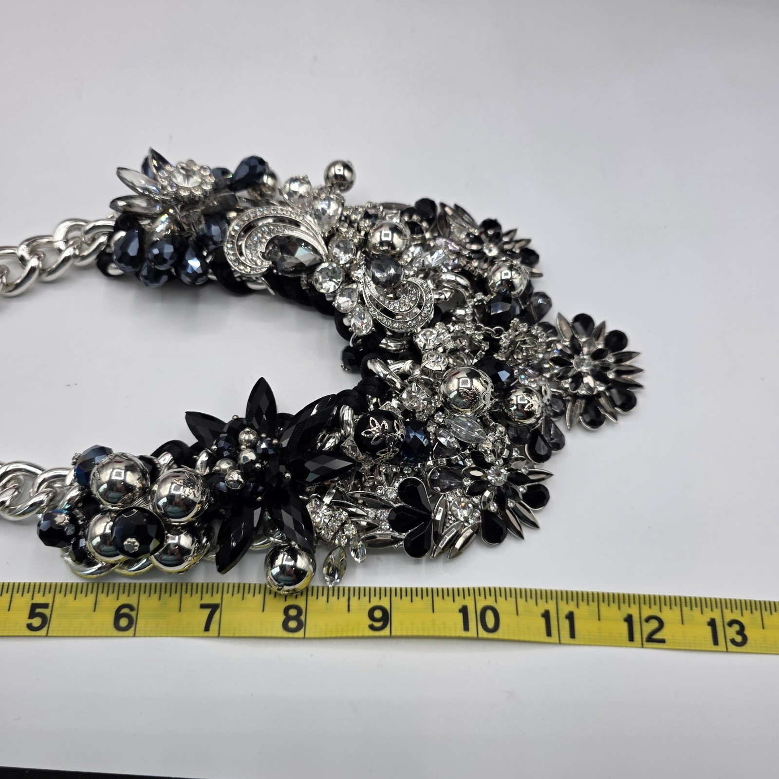 Aldo Silver Black Crystal Floral Statement Bib Necklace Chunky Curb Chain Bold
