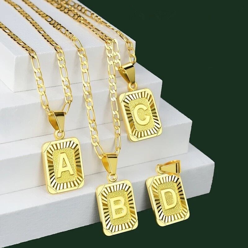 18″ Gold Plated Initial Letter Pendant Necklace Stainless Steel Figaro Chain New
