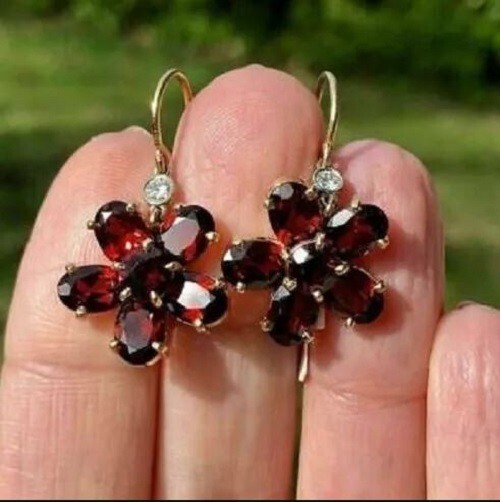 4Ct Lab Created Red Garnet Drop Dangle Flower Hook Earrings 14K Yellow Gold Over