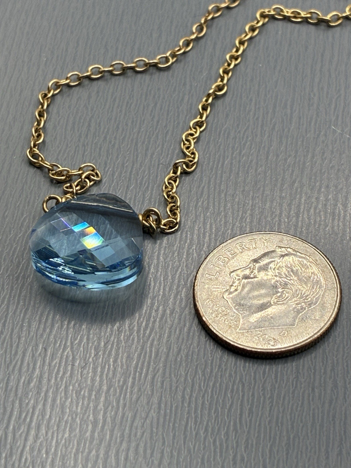 Touchstone Light Sapphire, Briolette, Swarovski Crystal Gold Tone Necklace
