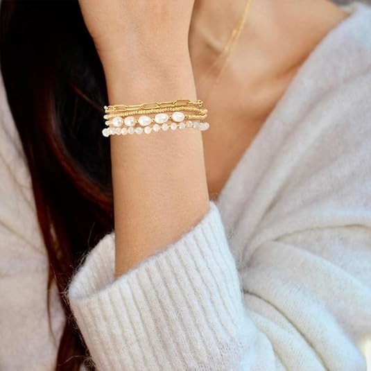 Gold Pearl Beaded Bracelets for Women,gold Pearl Stackable Stretch Be…