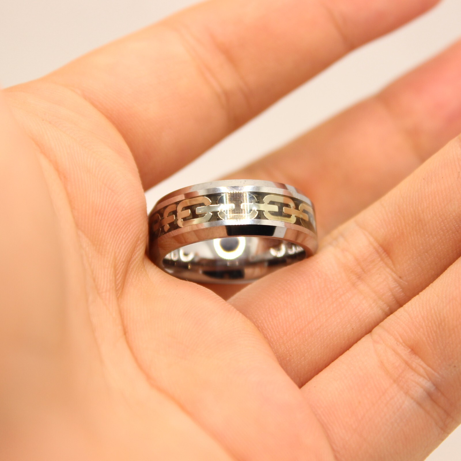 Tungsten Carbide Flat Yellow Chain Link Inlay Beveled Edge Wedding Band Ring 8mm