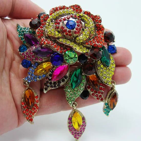 Vintage Style Art Deco Flower Rose Brooch Pin Pendant Colorful Rhinestone