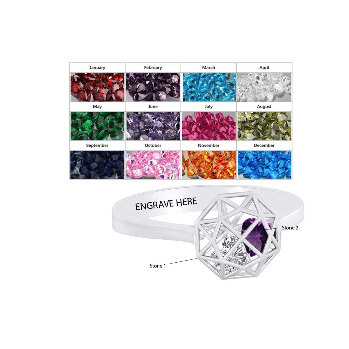 Personalized Simulated Birthstone Engagement Cage Ring Solid Sterling Silver