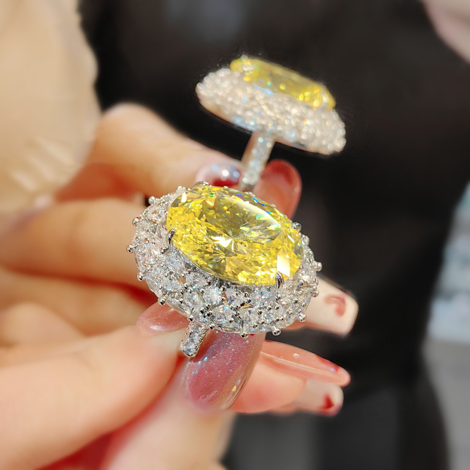 New 20mm Big Nest Cut Yellow Citrine White Topaz Gems Charm Silver Women Rings