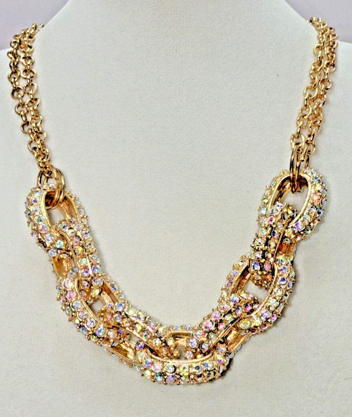 Vintage Gold Tone Chunky AB Rhinestone Cuban Link Statement Necklace Collar Blin