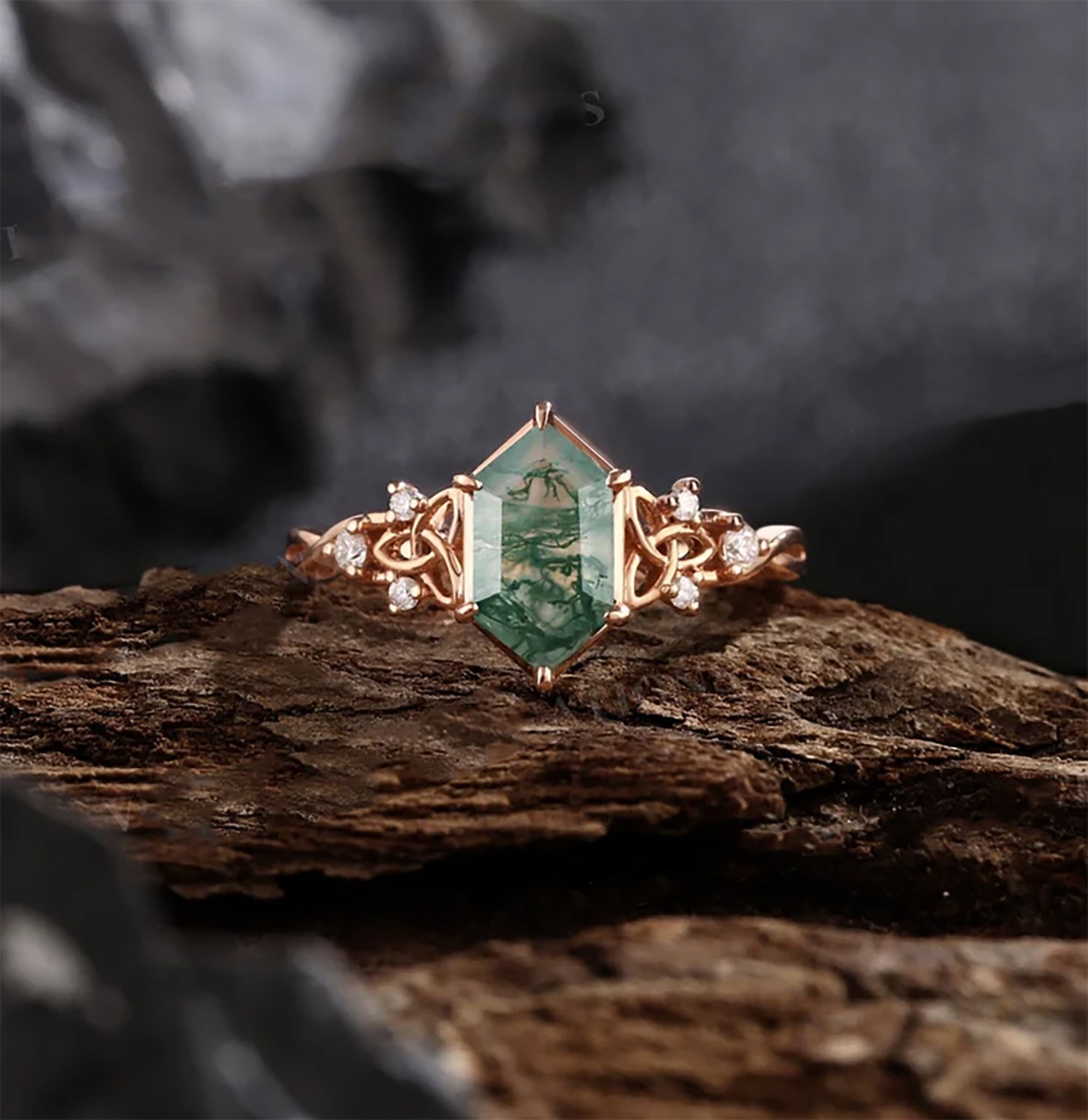 Unique Hexagon Cut Moss Agate &Moissanite Engagement Ring, Celtic Knot Band Ring