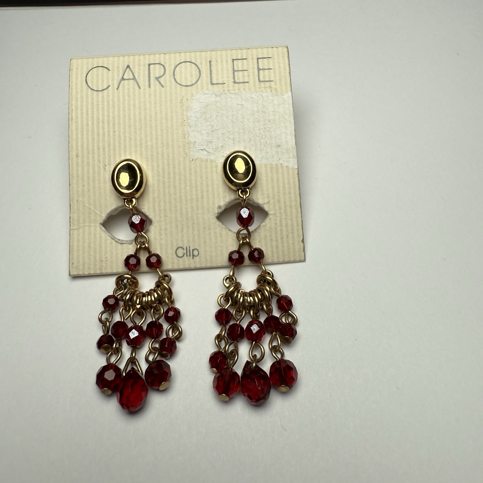 Carolee Red Beaded Chandelier Dangle Drop Earrings Clip-on Gold Tone NWT