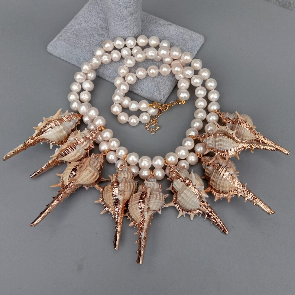 2 Strands Freshwater Cultured White Pearl Sea Shell Statement Necklace 18″