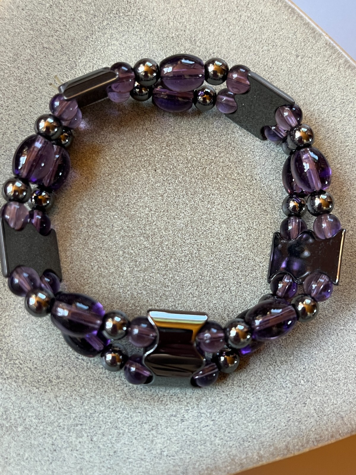 Hematite Scalloped Rectangle Round & Dark Purple Barrel & Round Bead Stretch Bra