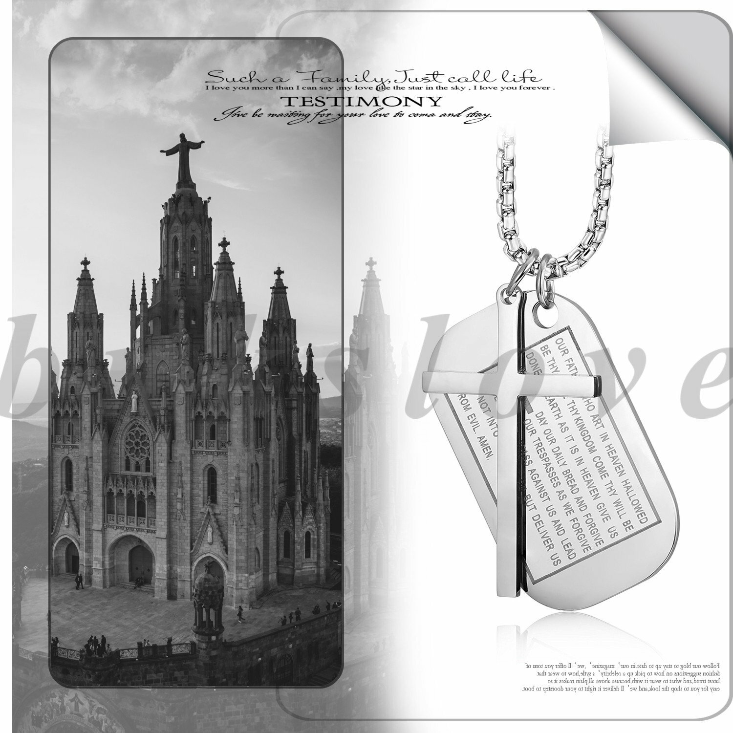 Men’s English Bible Verse Cross Dog Tag Pendant Necklace Stainless Steel Chain