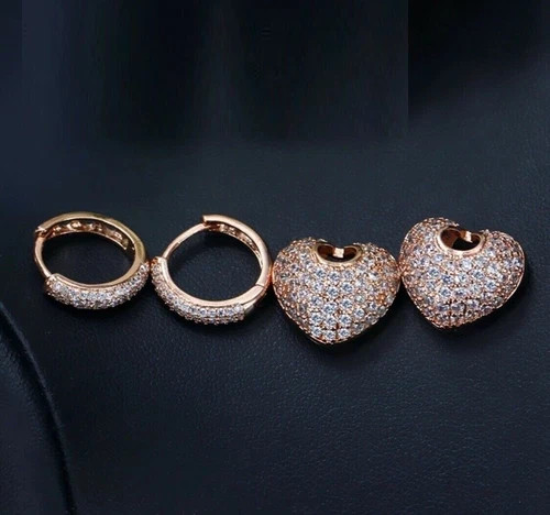 18k Rose Gold Plated 3D Heart Pendant Necklace Earrings made Simulated Diamond
