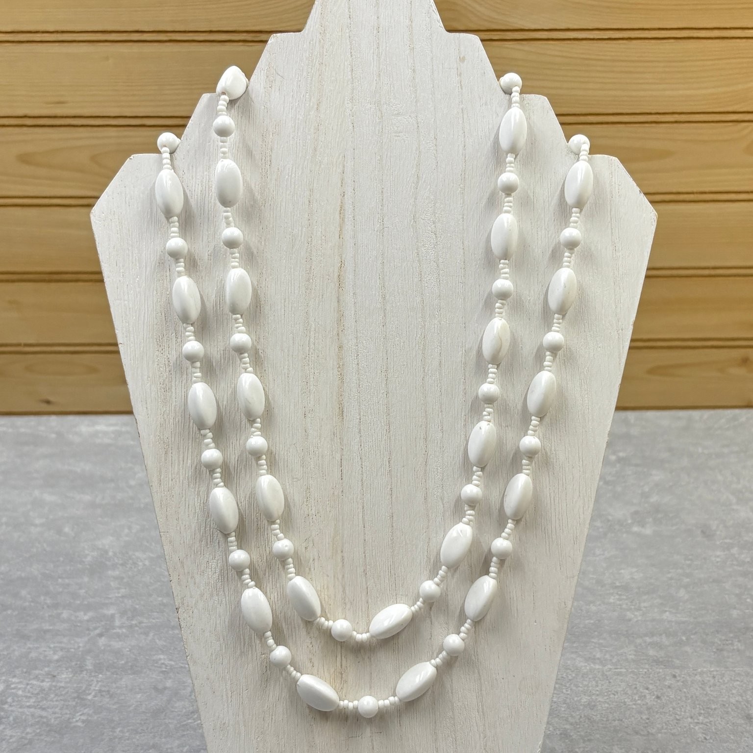 White 48″ Opera Length Beaded Necklace Plastic Resin Endless Loop