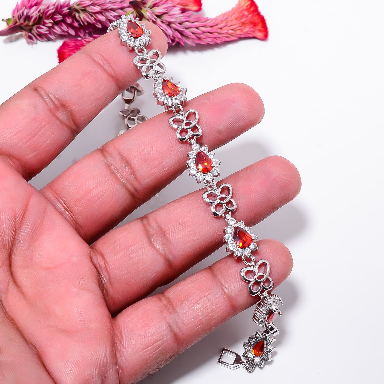 Ruby -Simulated)Spinel, CZ 925 Sterling Silver Adjustable Bracelet 7-8″ B128931