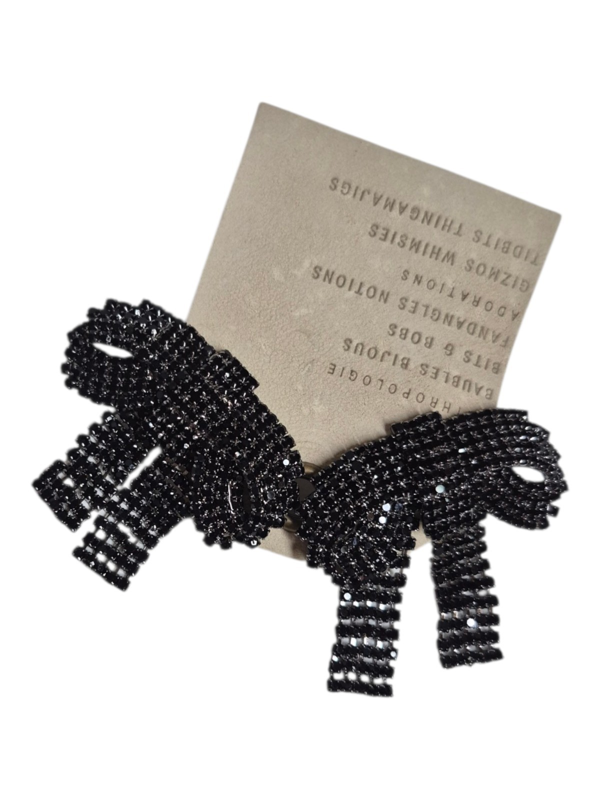Anthropologie Crystal Bow Dangle Earrings Black Multi Gunmetal Plated Brass New