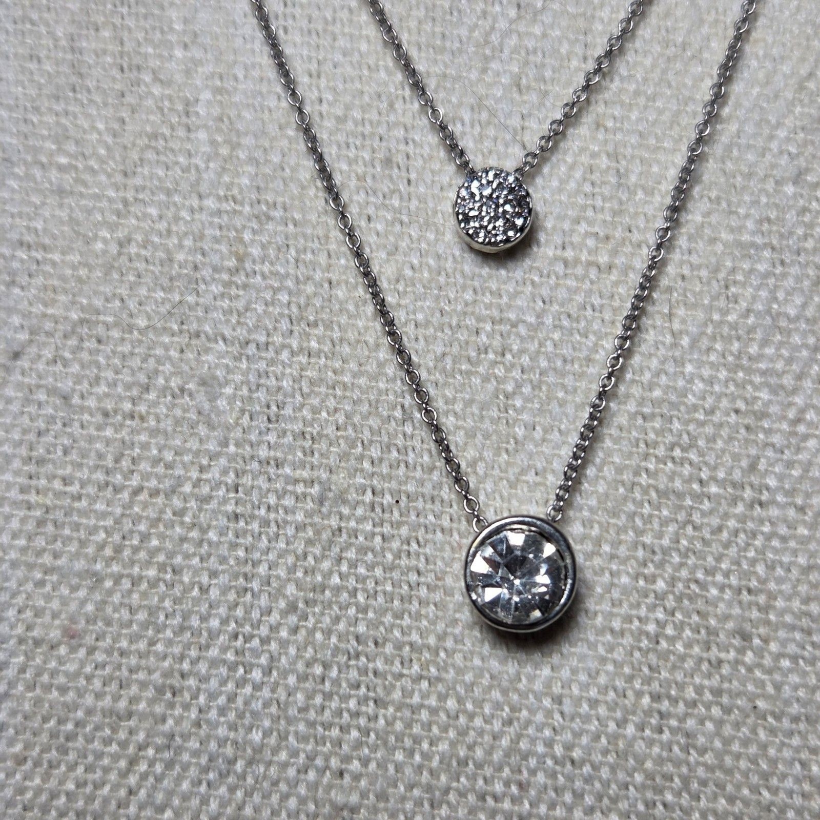 2-Strand Layered CZ Necklace Silver Tone Pave Cluster Bezel Set Solitaire Chic