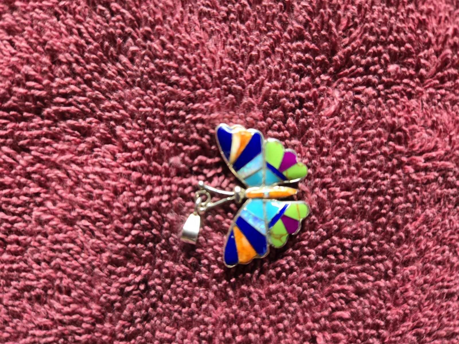 New 925 Sterling Silver Mosaic Butterfly Pendent. Natural Turquoise Inlay