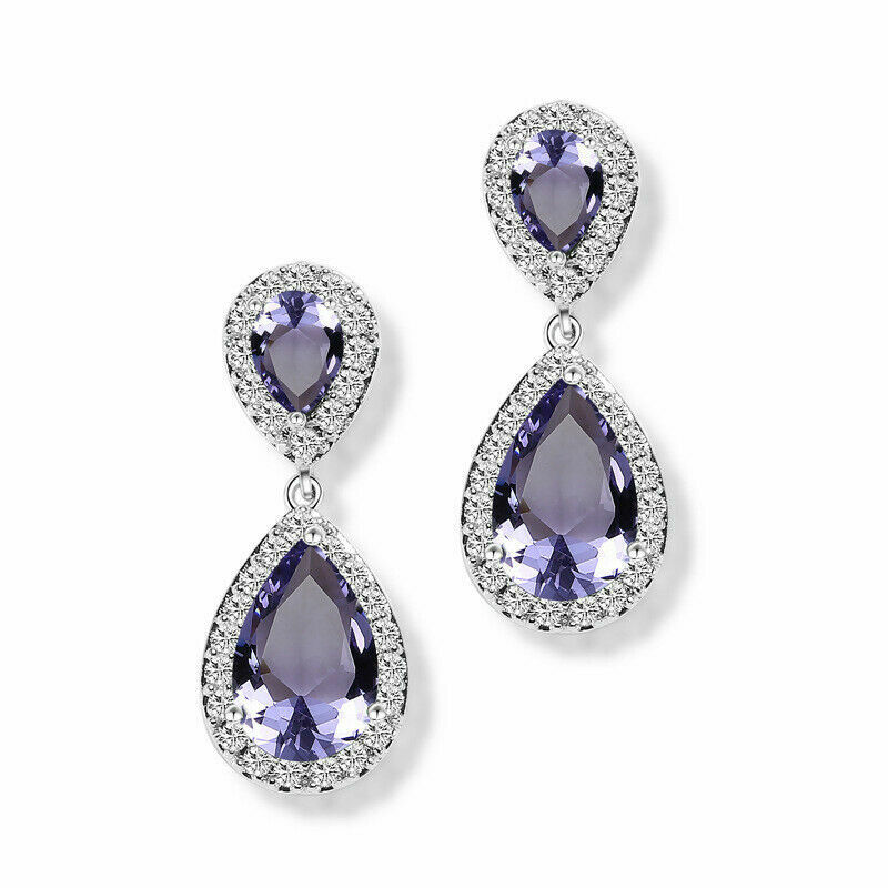 New White Gold Plated Amethyst Purple & Clear Teardrop CZ Stud Dangle Earrings