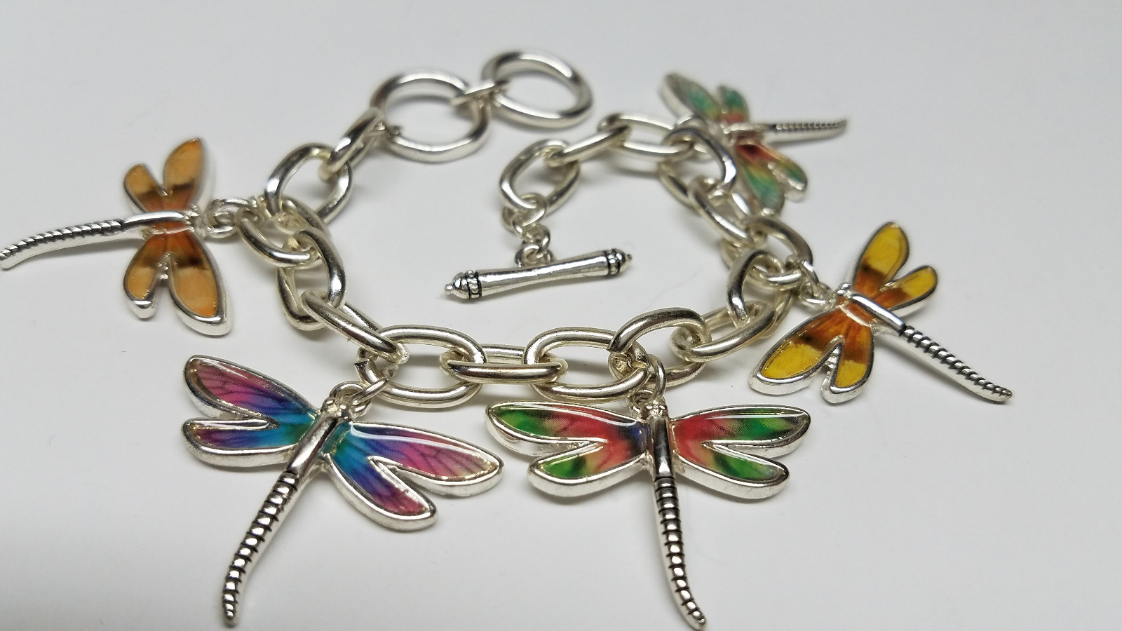 DRAGONFLY RAINBOW Silver Charm Bracelet Fashion Toggle Lock Lady Girls >NEW<