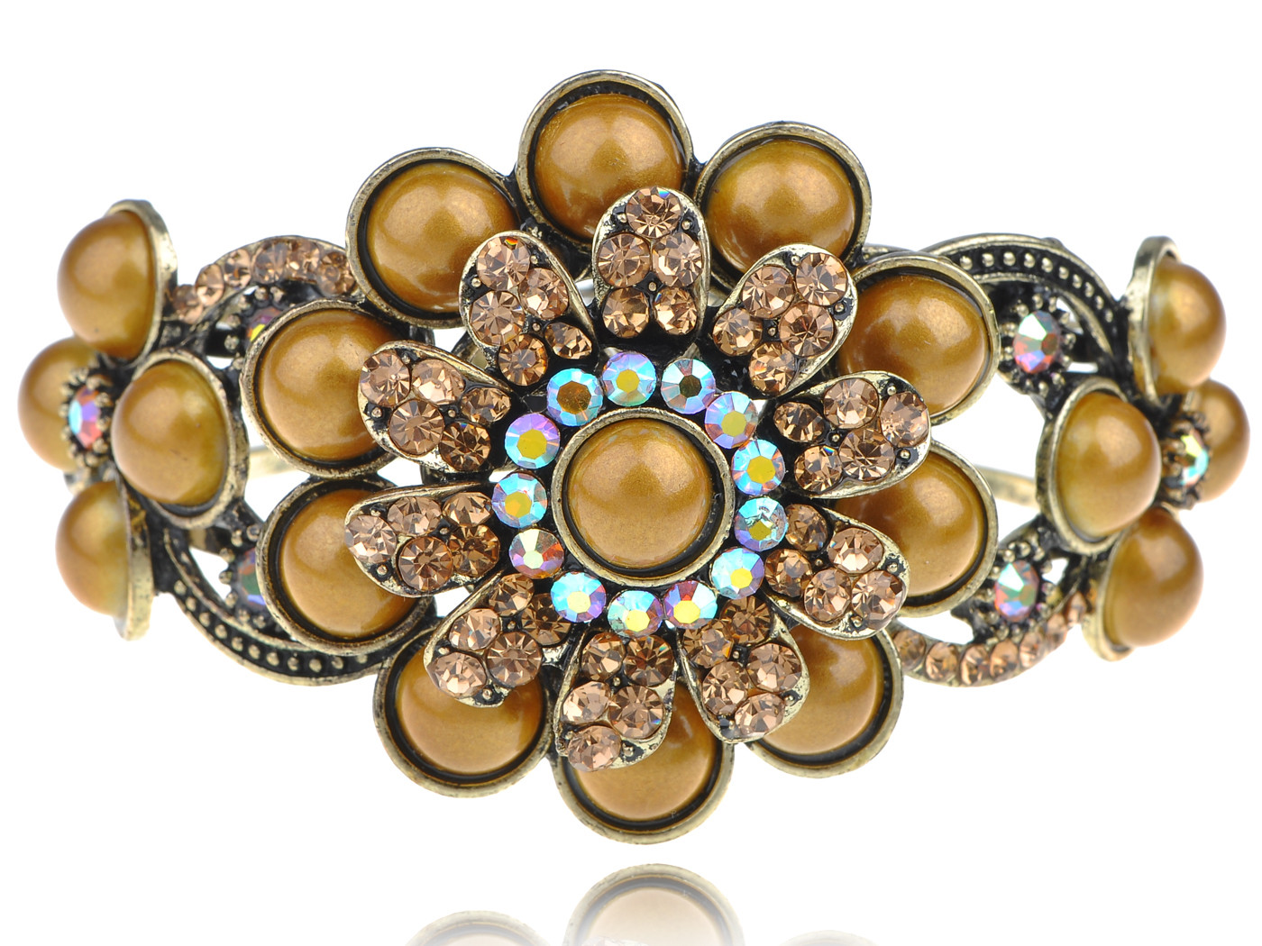 Metal Topaz Gold Crystal Rhinestone Bohemian Orb Flower Bangle Bracelet Cuff