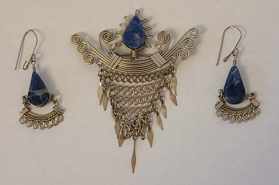 Egyptian style silver wire wrapped brooch pin and earrings w/ blue center stone