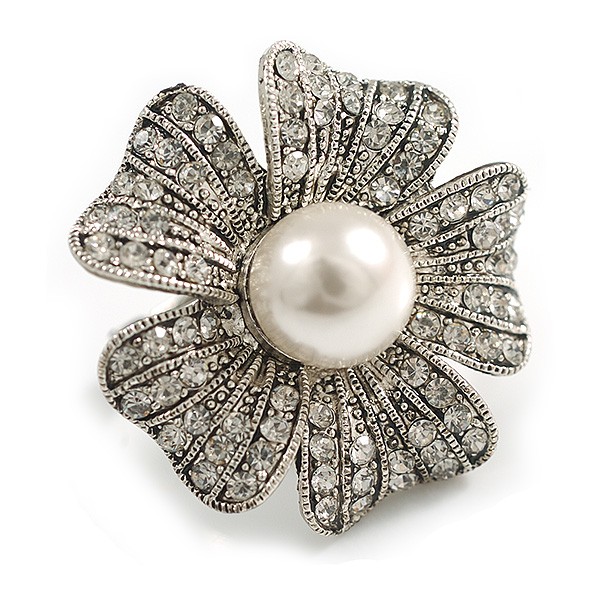30mm Diameter Crystal Pearl Flower Ring in Aged Silver Tone – Size 7/8