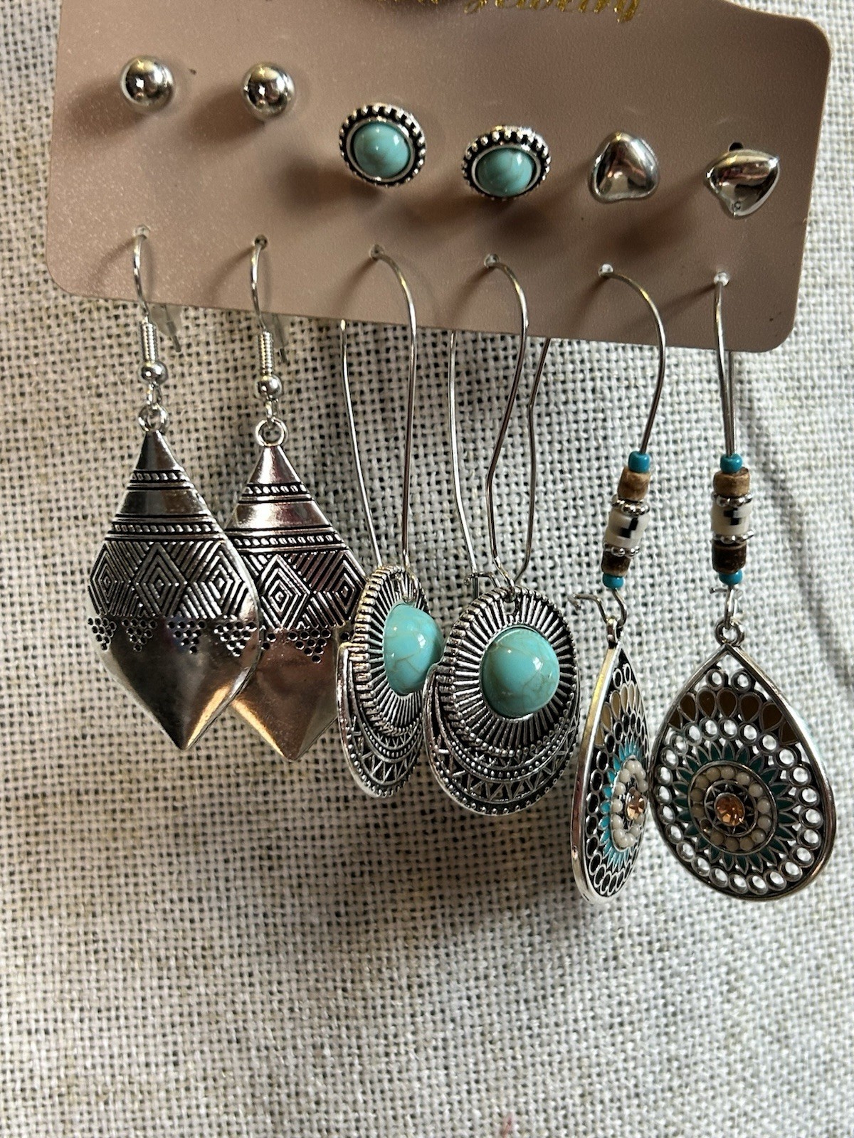 Mixed Lot Silver Tone Turquoise/Blue Round Stud & Hook Dangle Earrings Boho