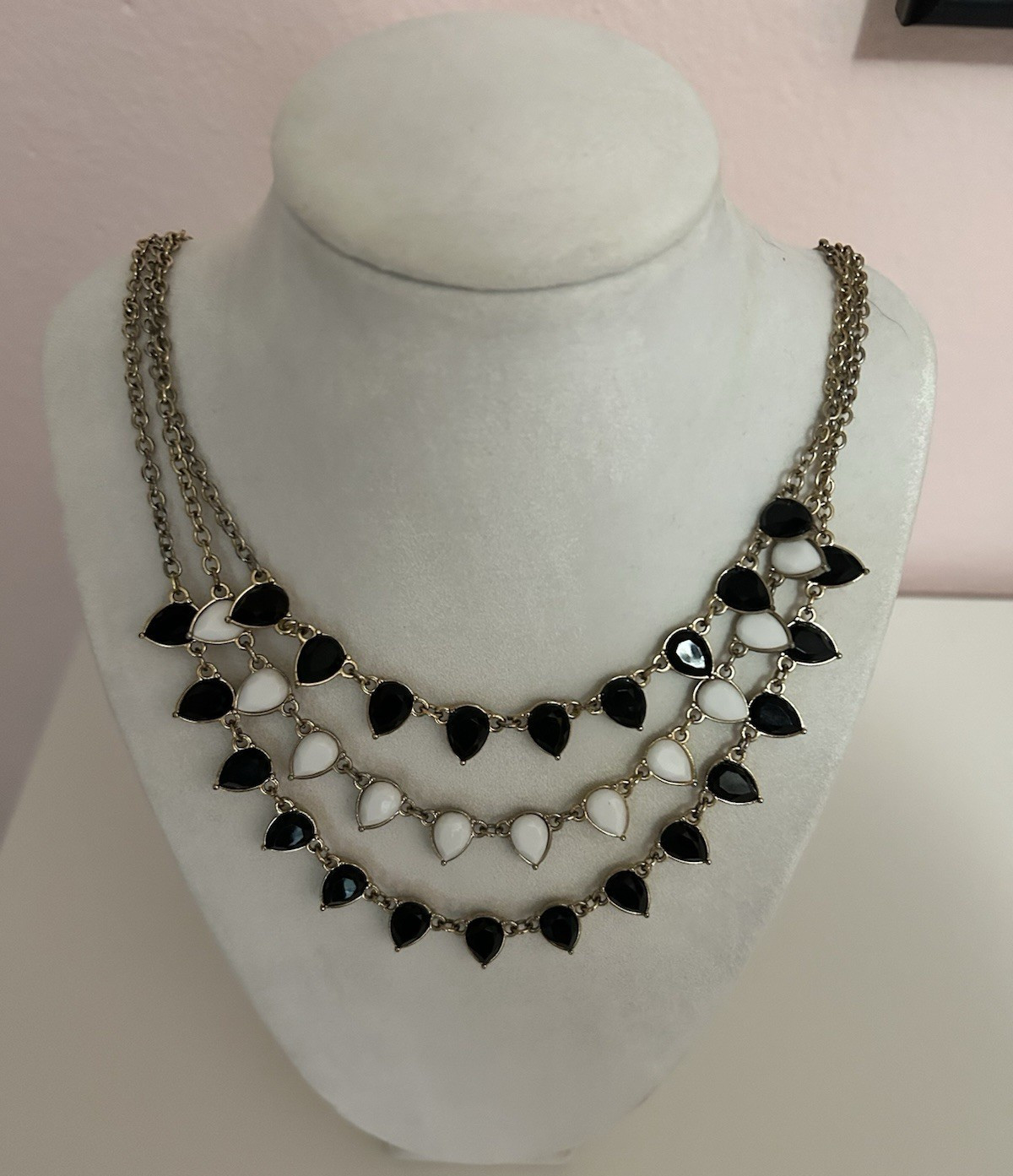 Statement Bib Layered Necklace Black/White Teardrop Bezel Gold Cable Chain