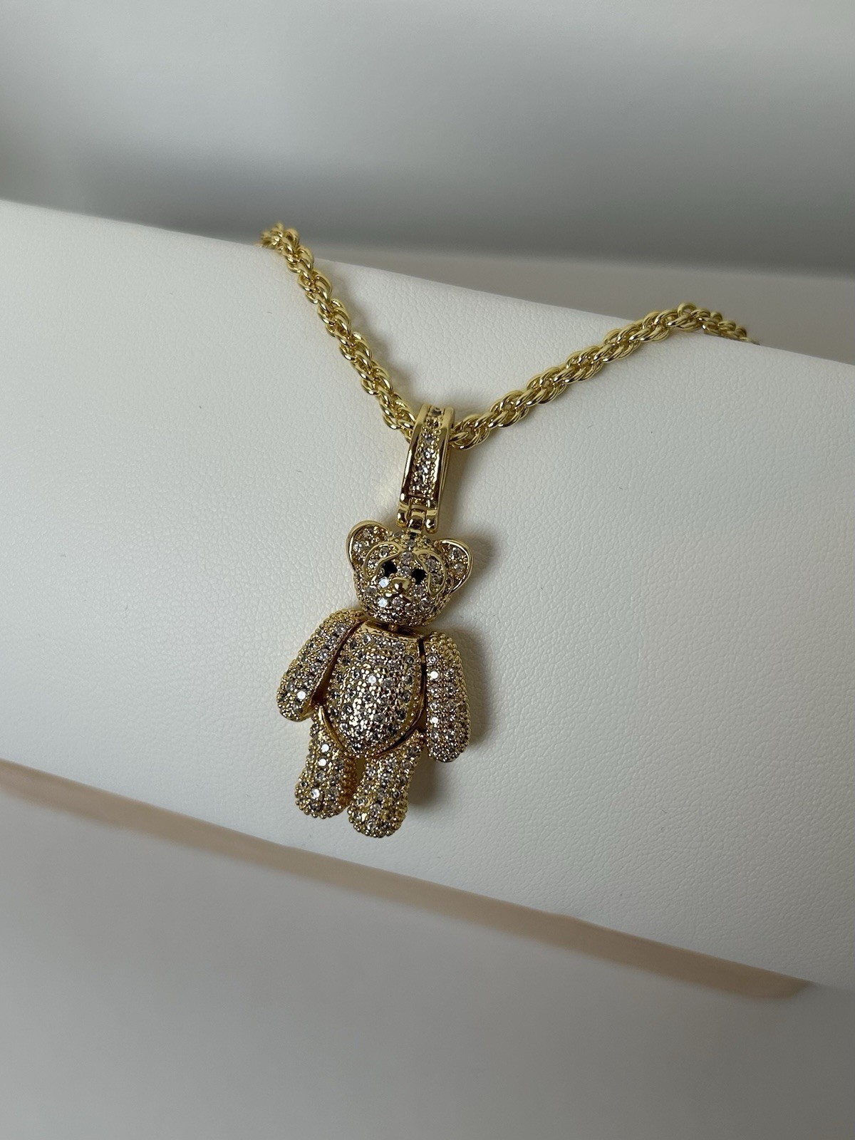 18ct G.F & CZ Stone Teddy Bear Pendant Necklace 55cm (22’) Rope Chain 18K Filled