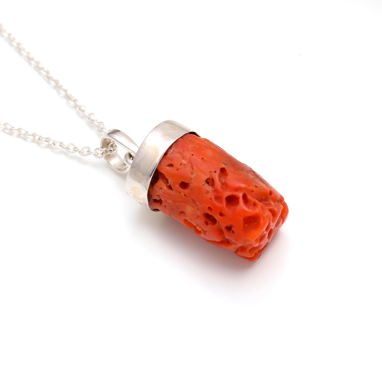 Natural Italian Red Coral Raw Chain Pendant 925 Sterling Silver Designer Jewelry