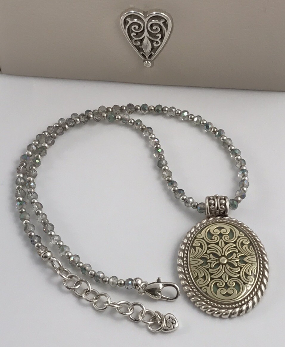 Brighton HTF Medallion Pendant Necklace Silver Crystal Gold Green Resin.