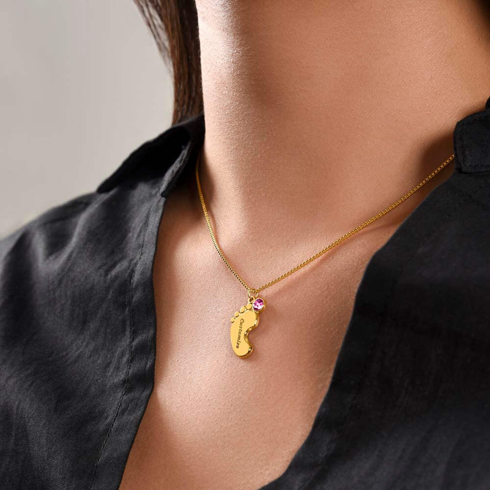 Personalized Engraved Baby Feet Necklace With Birthstone