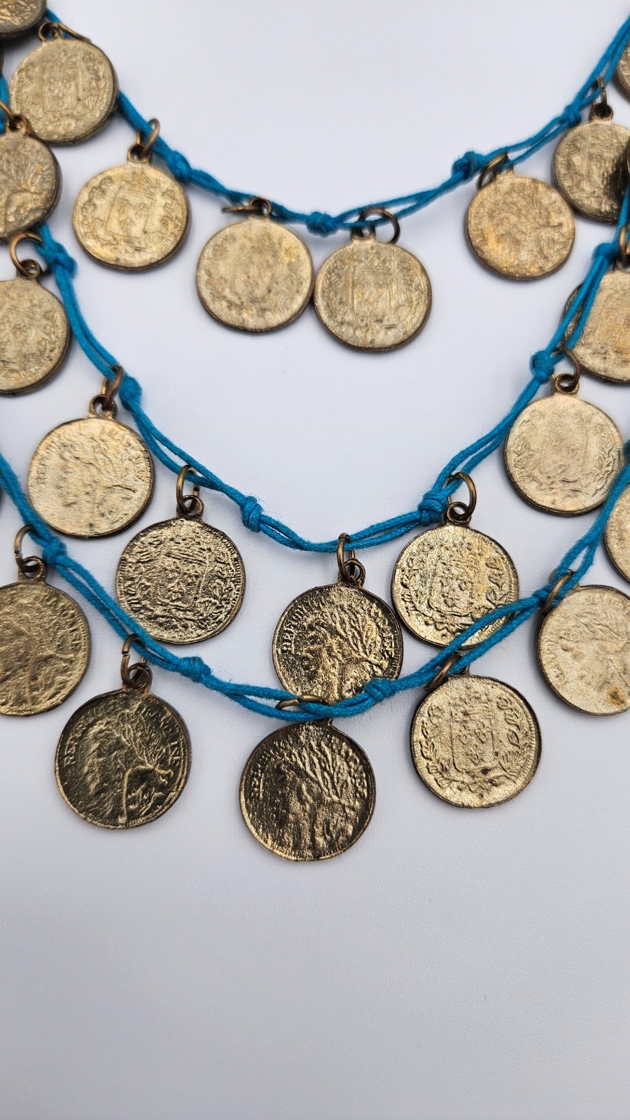 Nordstrom Boho Coin Bib Necklace Turquoise Blue Cord Antique Gold Tiered Gypsy