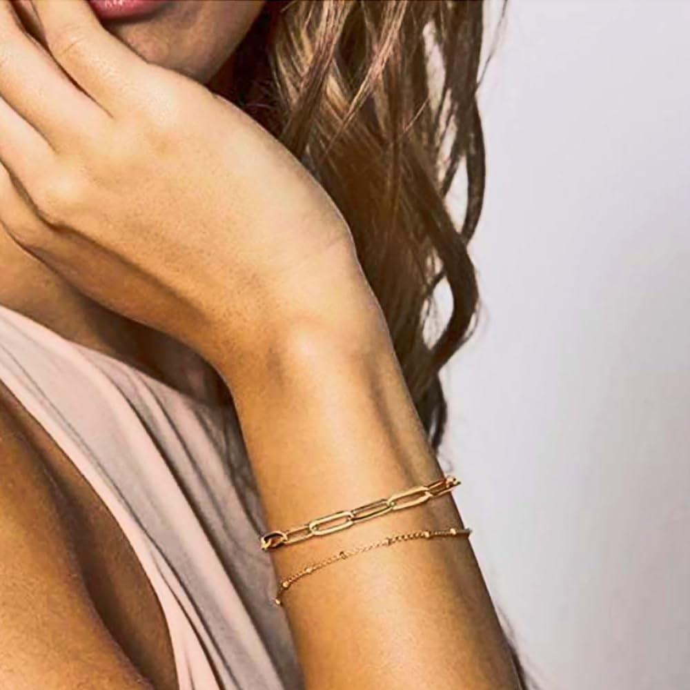 Dainty Gold Bracelets for Women, 14K Gold Filled Adjustable Layered Bracelet Cut